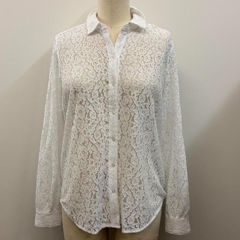 White Lace Button Up Shirt Size Small by JC Collection